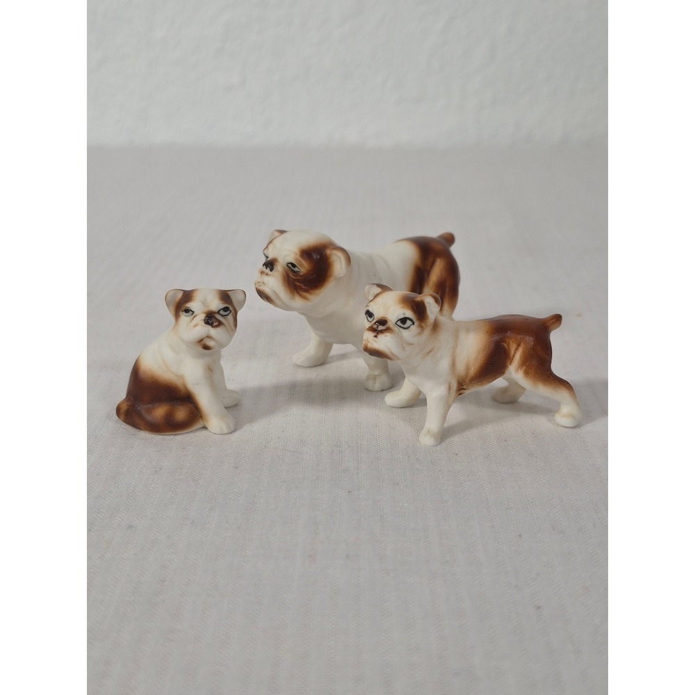 Vintage Miniature Porcelain Bulldog Figurines Brown White Set of 2 Dog Decor